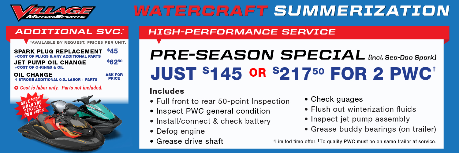 Village MotorSports Spring Rush Oil & Filter Offer: Now, for a limited time just $99.95. You will receive: an oil change, a filter change, chain inspection & service. No appointment necessary! Now through 4-1-2023. Synthetic and specialty oil may incur additional charge. Taxes additional. See Village Motorsports for details and exclusions.